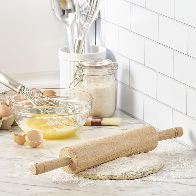 Classic Wood Rolling Pin, 18-Inch Hardwood Dough Roller for Baking Pizza, Pies, Pastry and Cookies, Ergonomic Handles, Kitchen Essential